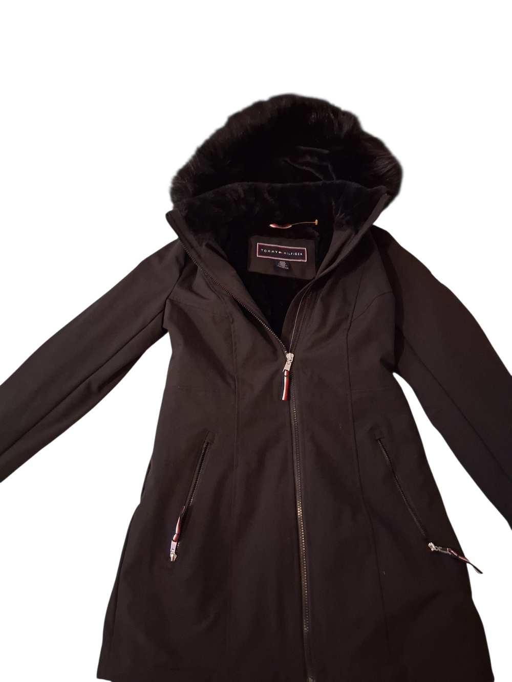 Tommy Hilfiger Black Hooded Trench Coat with Faux-Fur Trim - Picture 1 of 5